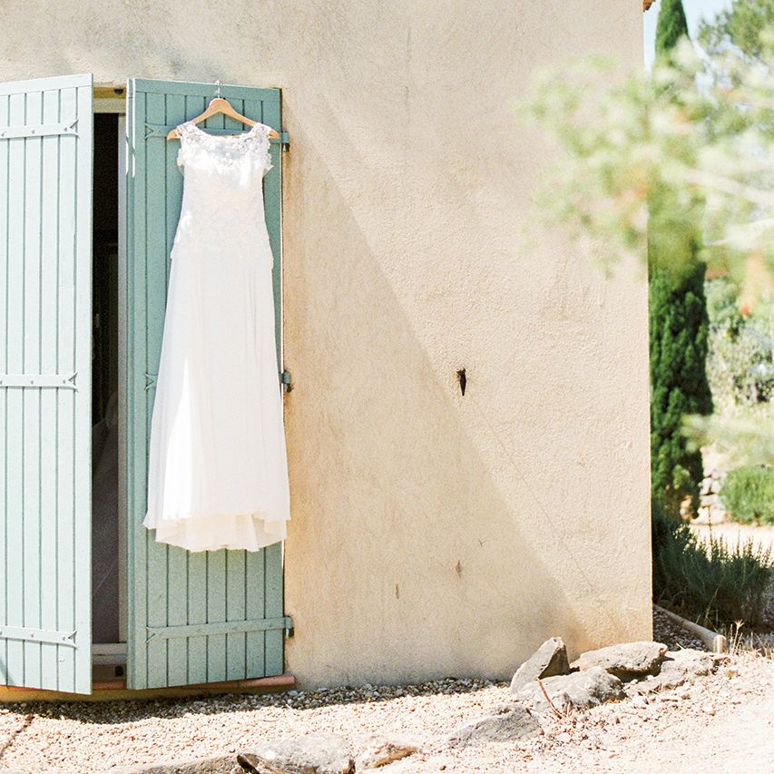Lace Wedding Dress | Outdoor Wedding at Commanderie de Peyrassol, Provence, France Styled by La Chuchoteuse | Lace Bridal Gown | Black Tie Suit | Rustic Stretch Tent Reception | Raisa Zwart Photography