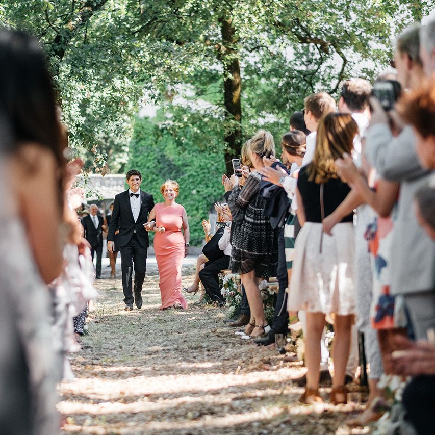 Outdoor Wedding Ceremony at Commanderie de Peyrassol, Provence, France Styled by La Chuchoteuse | Lace Bridal Gown | Black Tie Suit | Rustic Stretch Tent Reception | Raisa Zwart Photography