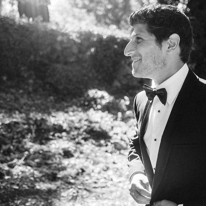 Groom in Tuxedo | Outdoor Wedding at Commanderie de Peyrassol, Provence, France Styled by La Chuchoteuse | Lace Bridal Gown | Black Tie Suit | Rustic Stretch Tent Reception | Raisa Zwart Photography