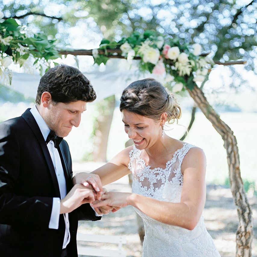 Wedding Ceremony | Elegant Bride in Lace Wedding Dress | Groom in Black Tie Suit | Outdoor Wedding at Commanderie de Peyrassol, Provence, France Styled by La Chuchoteuse | Lace Bridal Gown | Black Tie Suit | Rustic Stretch Tent Reception | Raisa Zwart Photography