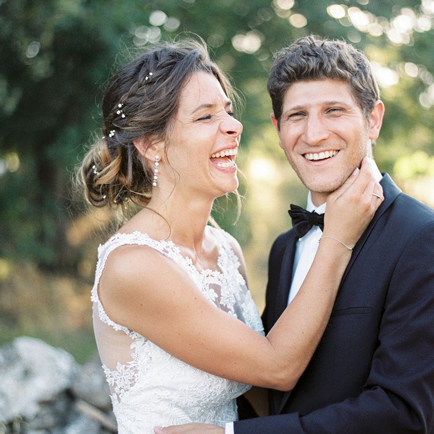 Elegant Bride in Lace Wedding Dress | Groom in Black Tie Suit | Outdoor Wedding at Commanderie de Peyrassol, Provence, France Styled by La Chuchoteuse | Lace Bridal Gown | Black Tie Suit | Rustic Stretch Tent Reception | Raisa Zwart Photography