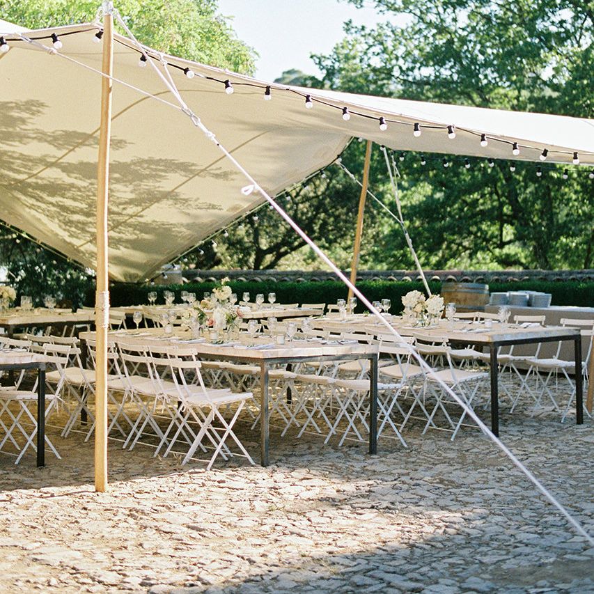 Stretch Tent Wedding Reception | Outdoor Wedding at Commanderie de Peyrassol, Provence, France Styled by La Chuchoteuse | Lace Bridal Gown | Black Tie Suit | Rustic Stretch Tent Reception | Raisa Zwart Photography
