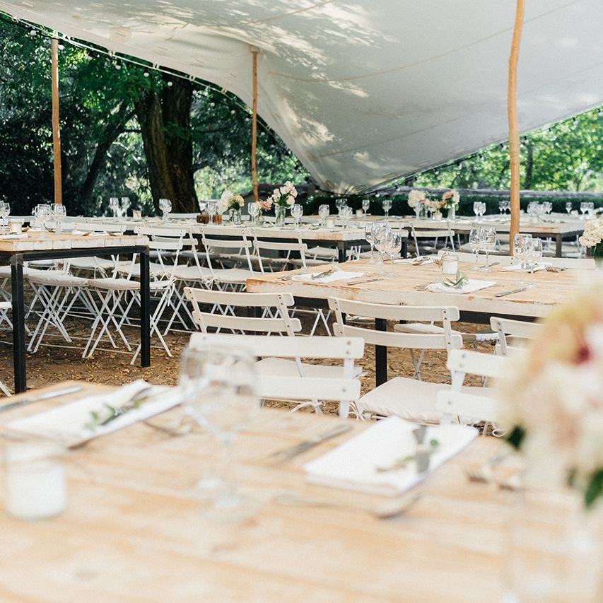 Stretch Tent Wedding Reception | Outdoor Wedding at Commanderie de Peyrassol, Provence, France Styled by La Chuchoteuse | Lace Bridal Gown | Black Tie Suit | Rustic Stretch Tent Reception | Raisa Zwart Photography