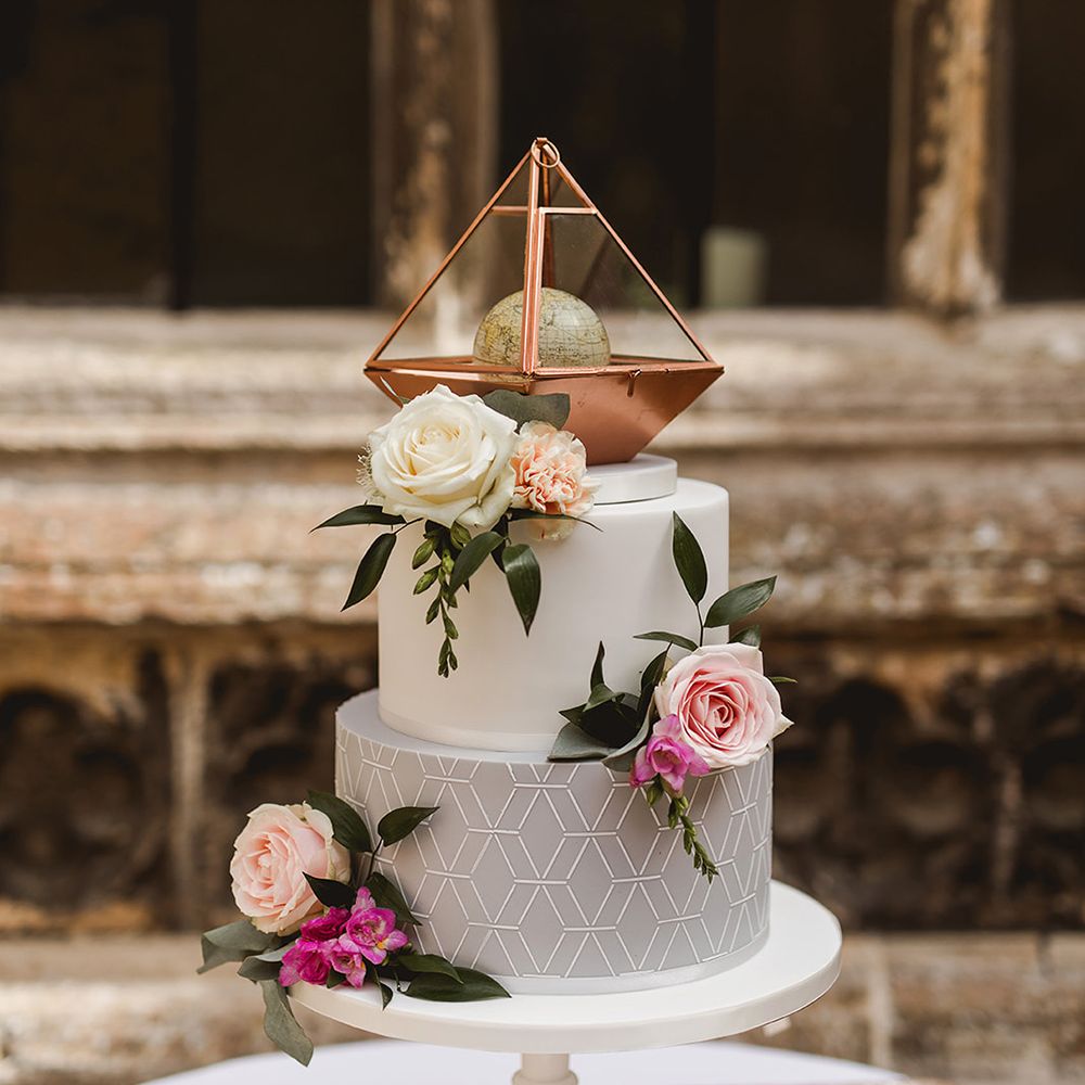 Iced Wedding Cake With Geometric Details // Geometric Details &amp; Hanging Foliage For Hengrave Hall Wedding With Outdoor Reception With Images From Sam And Louise Photography