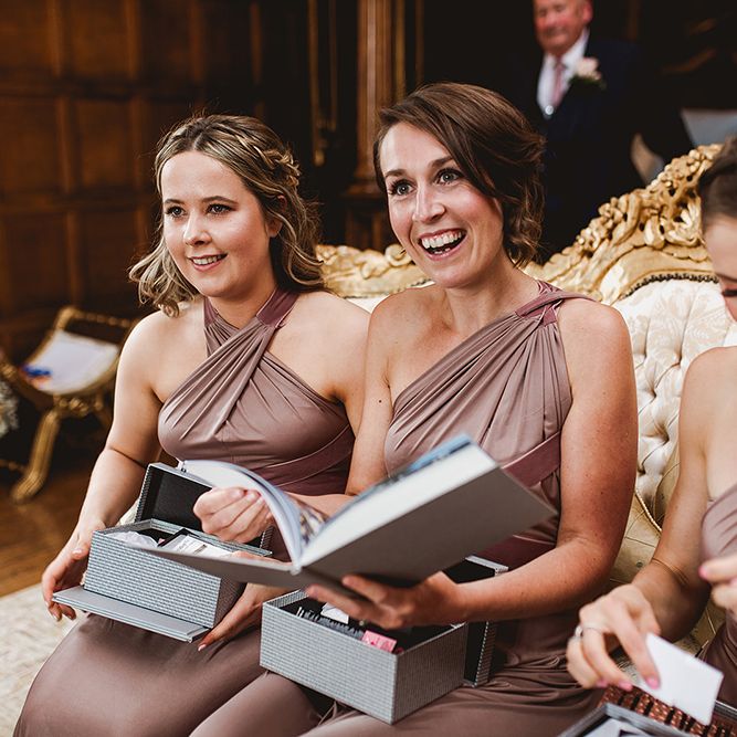 Bridesmaids In Mink Coloured Dresses // Geometric Details &amp; Hanging Foliage For Hengrave Hall Wedding With Outdoor Reception With Images From Sam And Louise Photography