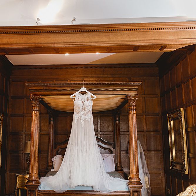 Sheer Tulle Wedding Dress // Geometric Details &amp; Hanging Foliage For Hengrave Hall Wedding With Outdoor Reception With Images From Sam And Louise Photography