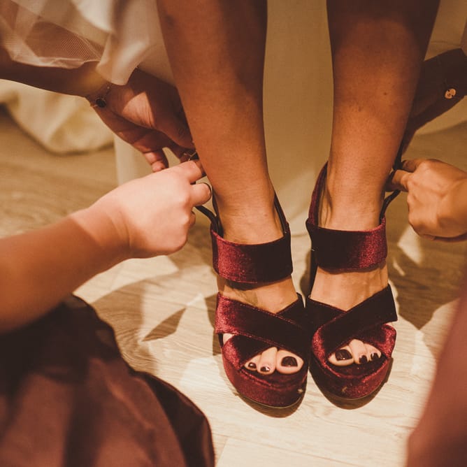 Suede Kurt Geiger Platform Shoes | Burgundy &amp; Gold Winter Wedding at Ramster Hall Weddings, Surrey | Matt Penberthy Photography | John Harris Wedding Films