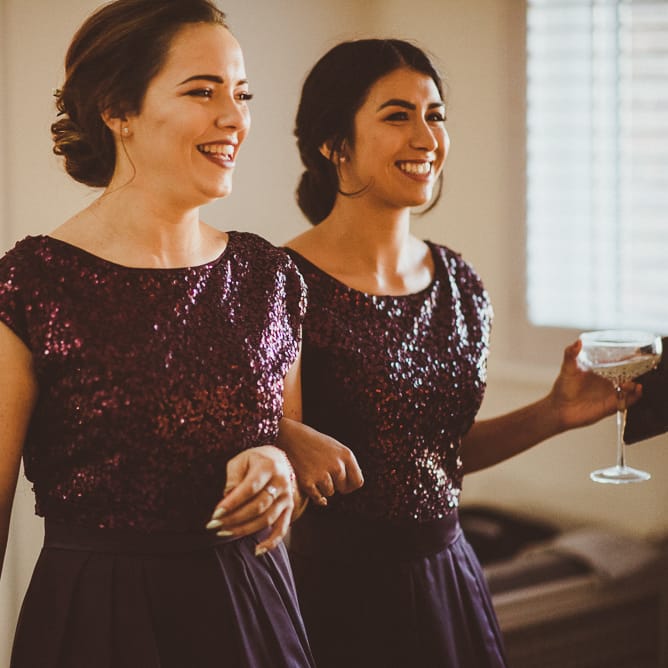 Bridesmaids in Coast Burgundy Separates | Sequin Top &amp; High Low Skirts | Burgundy &amp; Gold Winter Wedding at Ramster Hall Weddings, Surrey | Matt Penberthy Photography | John Harris Wedding Films