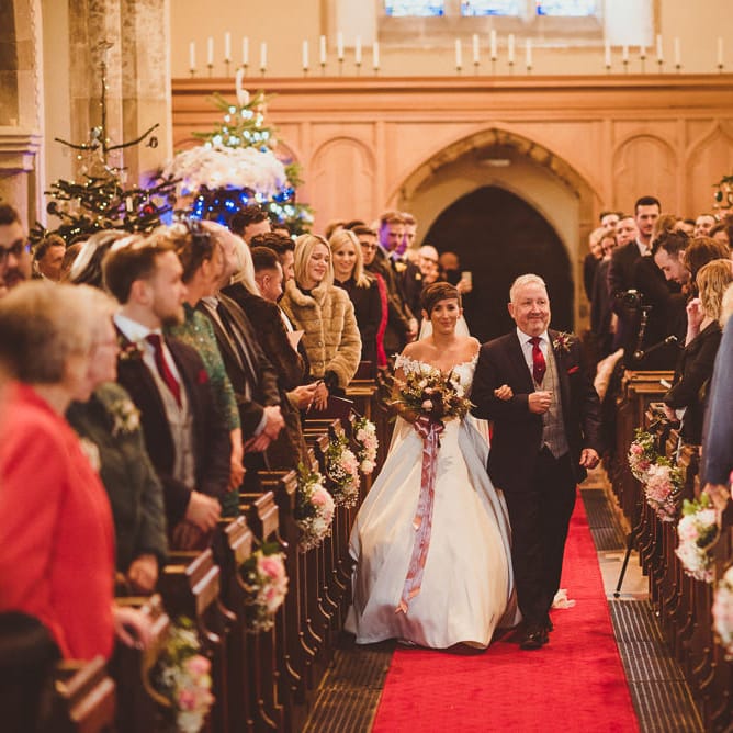 Church Wedding Ceremony | Bridal Entrance in Lillian West Bridal Separates | Burgundy &amp; Gold Winter Wedding at Ramster Hall Weddings, Surrey | Matt Penberthy Photography | John Harris Wedding Films