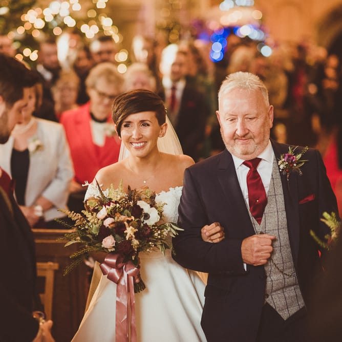 Church Wedding Ceremony | Bridal Entrance in Lillian West Bridal Separates | Groom in Navy Suit &amp; Tweed Waistcoat | Burgundy &amp; Gold Winter Wedding at Ramster Hall Weddings, Surrey | Matt Penberthy Photography | John Harris Wedding Films