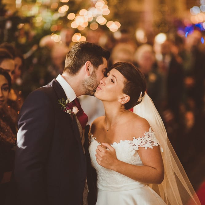 Church Wedding Ceremony | Bride in Lillian West Bridal Separates | Groom in Navy Suit &amp; Tweed Waistcoat | Burgundy &amp; Gold Winter Wedding at Ramster Hall Weddings, Surrey | Matt Penberthy Photography | John Harris Wedding Films
