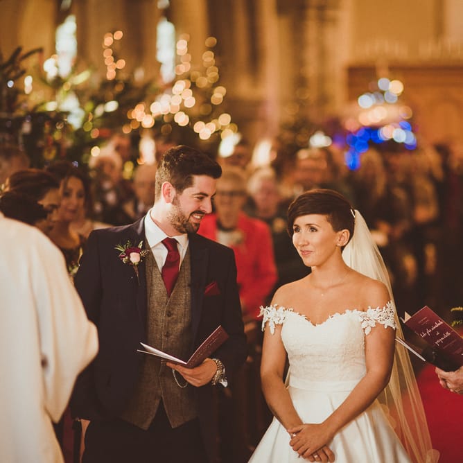 Church Wedding Ceremony | Bride in Lillian West Bridal Separates | Groom in Navy Suit &amp; Tweed Waistcoat | Burgundy &amp; Gold Winter Wedding at Ramster Hall Weddings, Surrey | Matt Penberthy Photography | John Harris Wedding Films