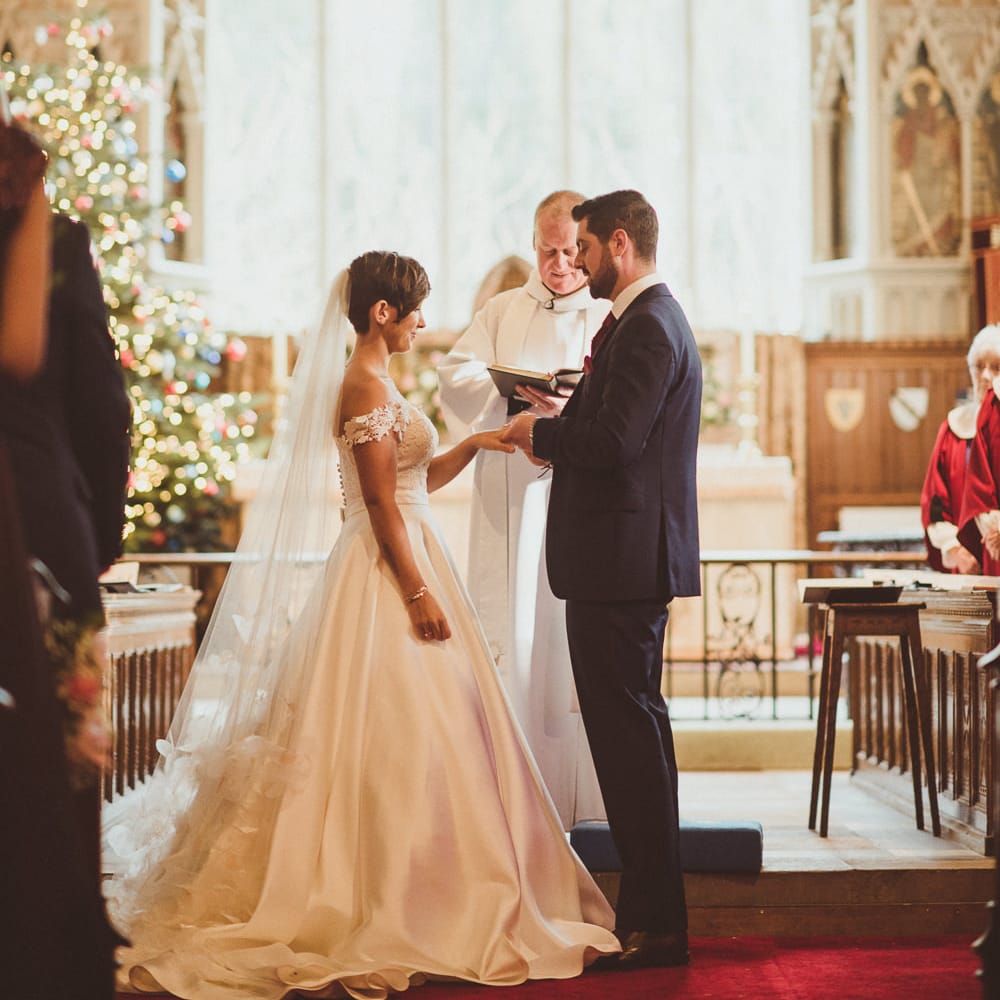 Church Wedding Ceremony | Bride in Lillian West Bridal Separates | Groom in Navy Suit &amp; Tweed Waistcoat | Burgundy &amp; Gold Winter Wedding at Ramster Hall Weddings, Surrey | Matt Penberthy Photography | John Harris Wedding Films