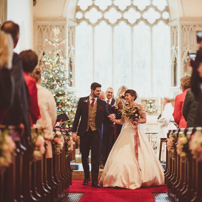Church Wedding Ceremony | Bride in Lillian West Bridal Separates | Groom in Navy Suit &amp; Tweed Waistcoat | Burgundy &amp; Gold Winter Wedding at Ramster Hall Weddings, Surrey | Matt Penberthy Photography | John Harris Wedding Films