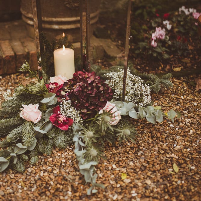 Floral Arrangement | Burgundy &amp; Gold Winter Wedding at Ramster Hall Weddings, Surrey | Matt Penberthy Photography | John Harris Wedding Films