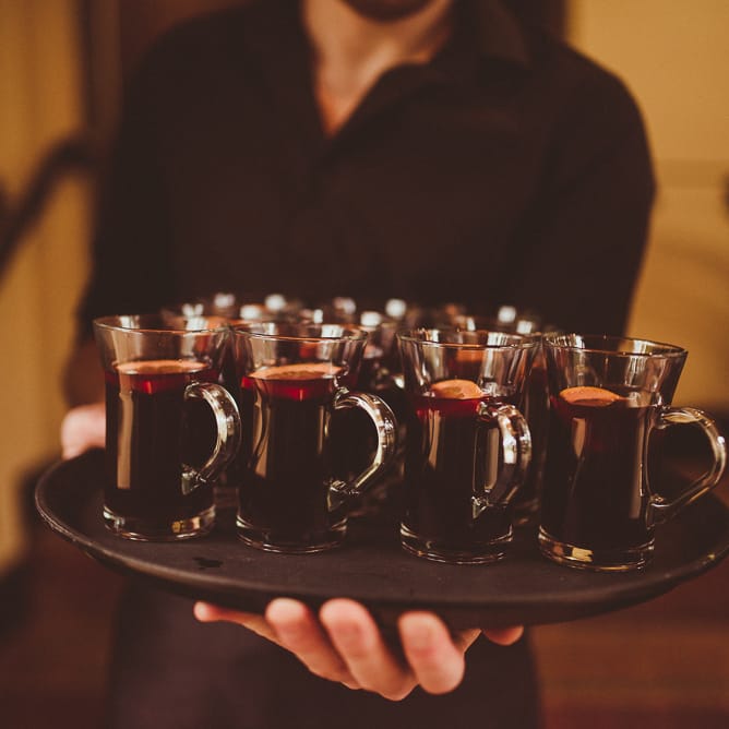 Mulled Wine Drinks Reception | Burgundy &amp; Gold Winter Wedding at Ramster Hall Weddings, Surrey | Matt Penberthy Photography | John Harris Wedding Films