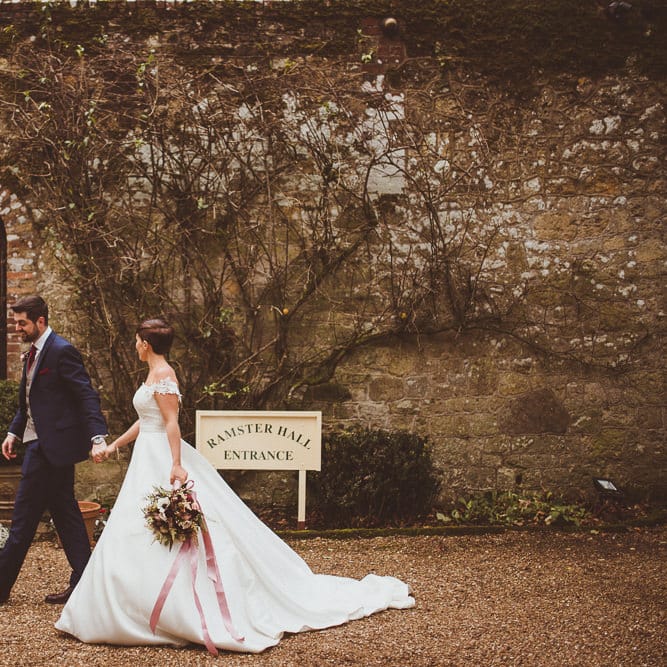 Bride in Lillian West Bridal Separates | Groom in Navy Suit &amp; Tweed Waistcoat | Burgundy &amp; Gold Winter Wedding at Ramster Hall Weddings, Surrey | Matt Penberthy Photography | John Harris Wedding Films