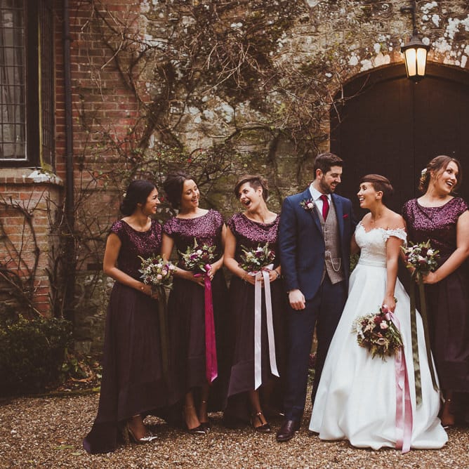 Bridal Party | Bride in Lillian West Bridal Separates | Groom in Navy Suit &amp; Tweed Waistcoat | Burgundy &amp; Gold Winter Wedding at Ramster Hall Weddings, Surrey | Matt Penberthy Photography | John Harris Wedding Films