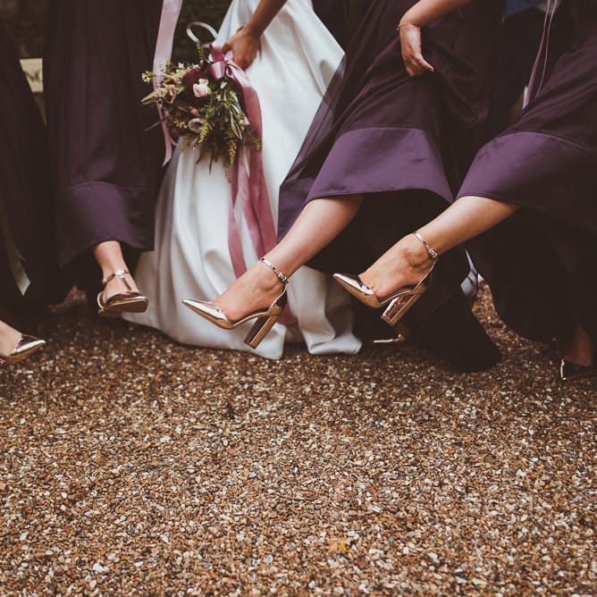 Rose Gold Bridal Party Shoes | Burgundy &amp; Gold Winter Wedding at Ramster Hall Weddings, Surrey | Matt Penberthy Photography | John Harris Wedding Films