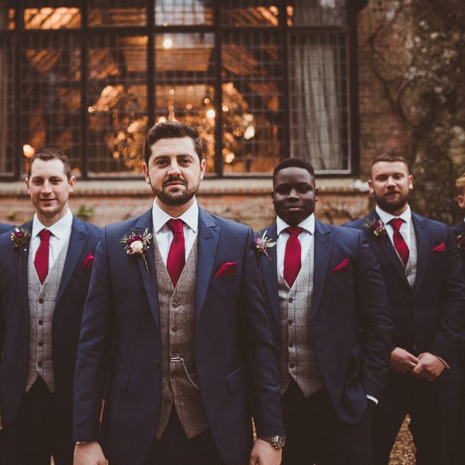 Groomsmen in Navy Suits &amp; Tweed Waistcoats | Burgundy &amp; Gold Winter Wedding at Ramster Hall Weddings, Surrey | Matt Penberthy Photography | John Harris Wedding Films