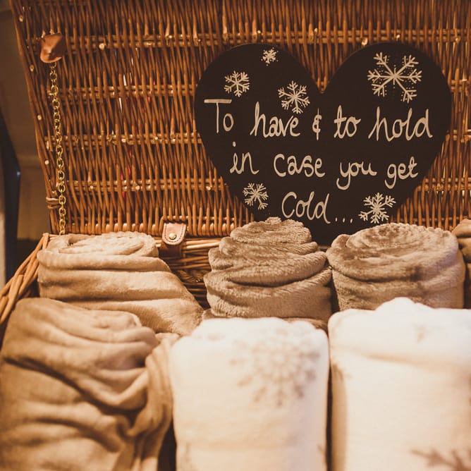 To Have &amp; To Hold in Case You Get Cold Blanket Box | Wedding Decor | Burgundy &amp; Gold Winter Wedding at Ramster Hall Weddings, Surrey | Matt Penberthy Photography | John Harris Wedding Films