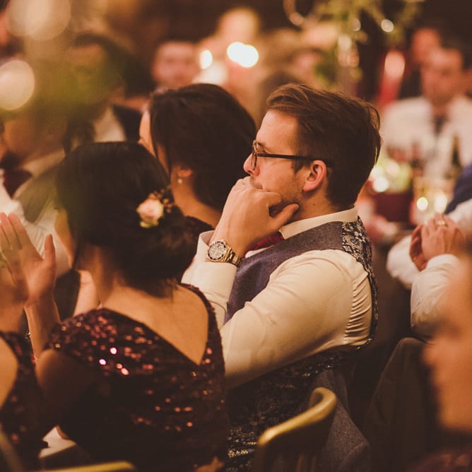 Wedding Guests | Burgundy &amp; Gold Winter Wedding at Ramster Hall Weddings, Surrey | Matt Penberthy Photography | John Harris Wedding Films