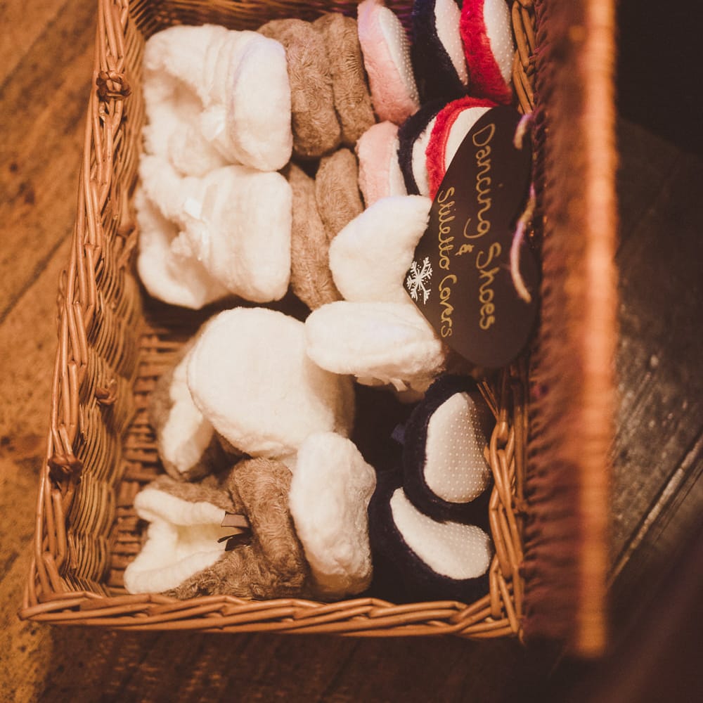 Box of Wedding Slippers for Tired Feet | Burgundy &amp; Gold Winter Wedding at Ramster Hall Weddings, Surrey | Matt Penberthy Photography | John Harris Wedding Films