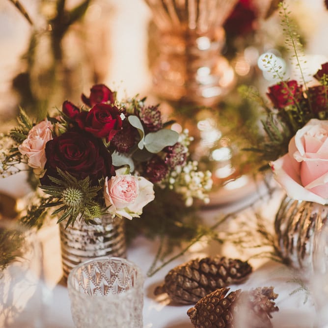 Wedding Table Flowers | Burgundy &amp; Gold Winter Wedding at Ramster Hall Weddings, Surrey | Matt Penberthy Photography | John Harris Wedding Films