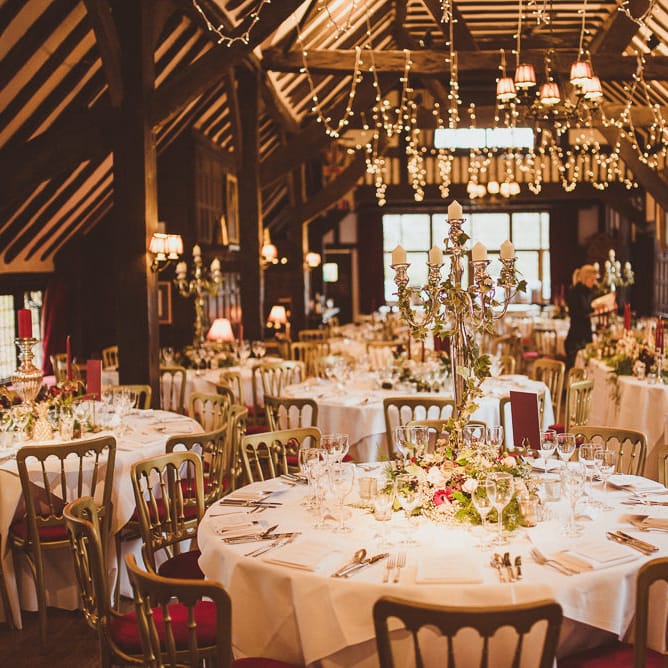 Reception Decor | Burgundy &amp; Gold Winter Wedding at Ramster Hall Weddings, Surrey | Matt Penberthy Photography | John Harris Wedding Films