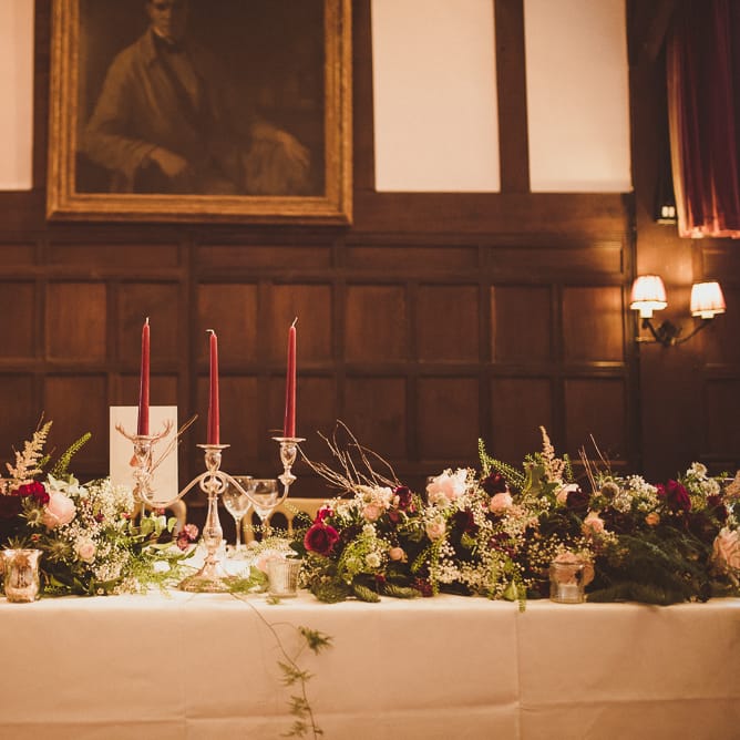 Top Table Wedding Decor | Burgundy &amp; Gold Winter Wedding at Ramster Hall Weddings, Surrey | Matt Penberthy Photography | John Harris Wedding Films