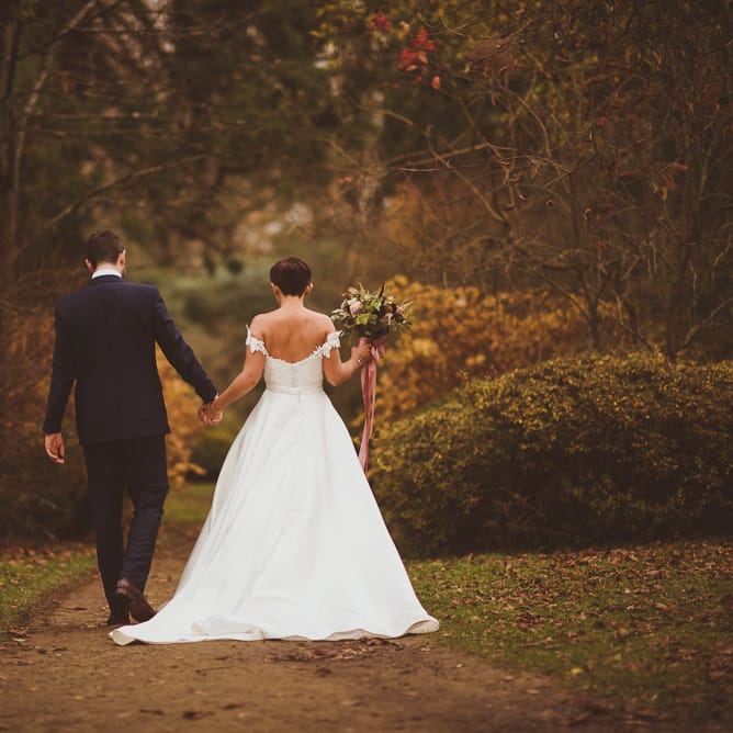 Bride in Lillian West Bridal Separates | Groom in Navy Suit &amp; Tweed Waistcoat | Burgundy &amp; Gold Winter Wedding at Ramster Hall Weddings, Surrey | Matt Penberthy Photography | John Harris Wedding Films