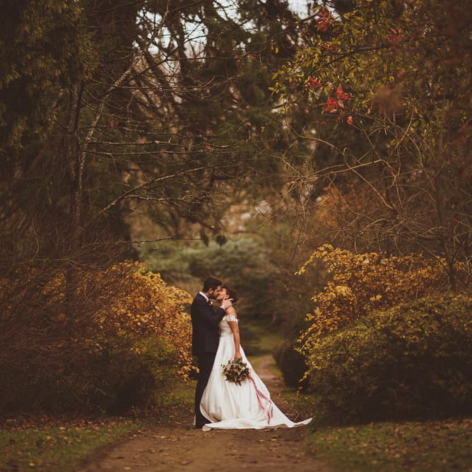 Bride in Lillian West Bridal Separates | Groom in Navy Suit &amp; Tweed Waistcoat | Burgundy &amp; Gold Winter Wedding at Ramster Hall Weddings, Surrey | Matt Penberthy Photography | John Harris Wedding Films