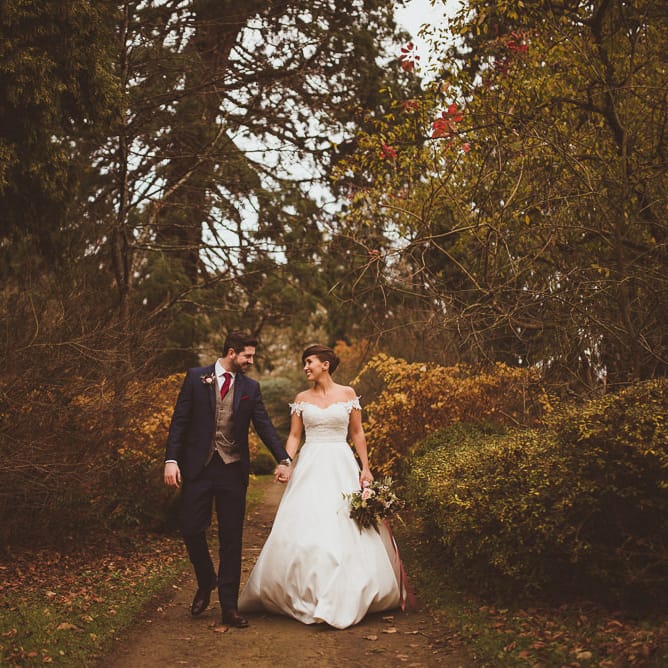 Bride in Lillian West Bridal Separates | Groom in Navy Suit &amp; Tweed Waistcoat | Burgundy &amp; Gold Winter Wedding at Ramster Hall Weddings, Surrey | Matt Penberthy Photography | John Harris Wedding Films