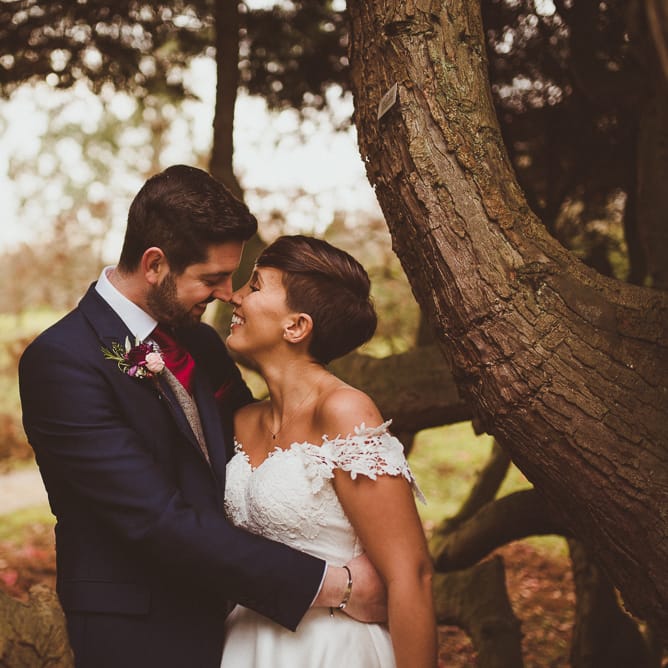 Bride in Lillian West Bridal Separates | Groom in Navy Suit &amp; Tweed Waistcoat | Burgundy &amp; Gold Winter Wedding at Ramster Hall Weddings, Surrey | Matt Penberthy Photography | John Harris Wedding Films