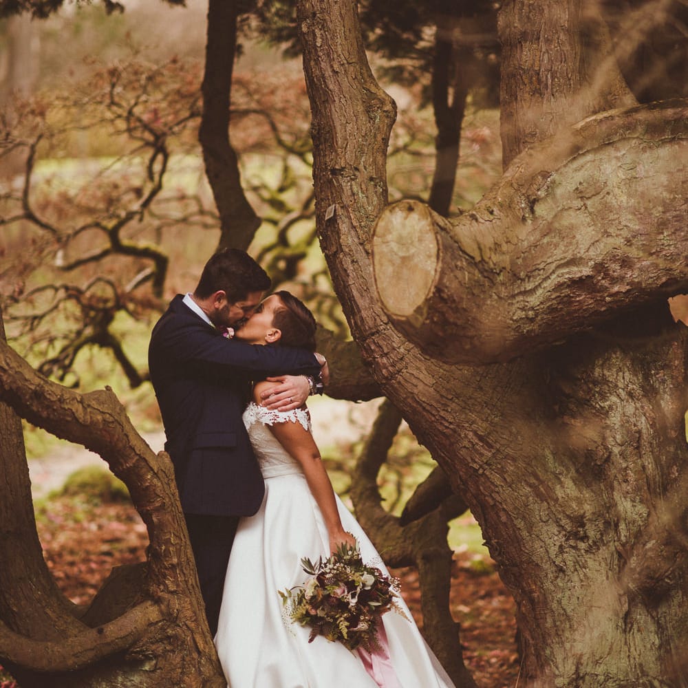 Bride in Lillian West Bridal Separates | Groom in Navy Suit &amp; Tweed Waistcoat | Burgundy &amp; Gold Winter Wedding at Ramster Hall Weddings, Surrey | Matt Penberthy Photography | John Harris Wedding Films