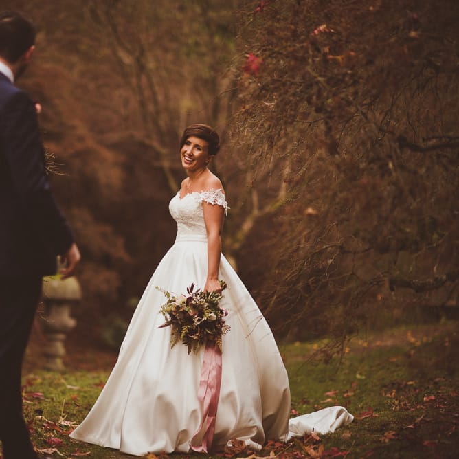 Bride in Lillian West Bridal Separates | Groom in Navy Suit &amp; Tweed Waistcoat | Burgundy &amp; Gold Winter Wedding at Ramster Hall Weddings, Surrey | Matt Penberthy Photography | John Harris Wedding Films