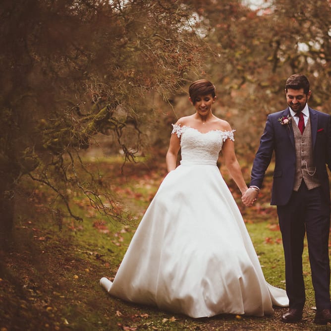Bride in Lillian West Bridal Separates | Groom in Navy Suit &amp; Tweed Waistcoat | Burgundy &amp; Gold Winter Wedding at Ramster Hall Weddings, Surrey | Matt Penberthy Photography | John Harris Wedding Films