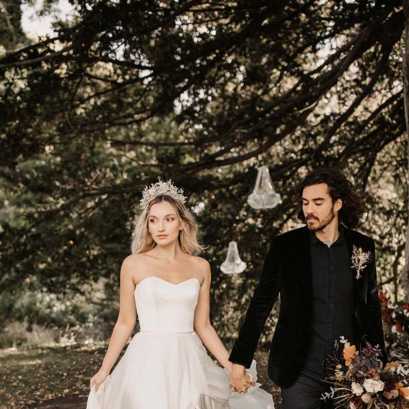 Stylish bride and groom for Halloween wedding ideas at Preston Court