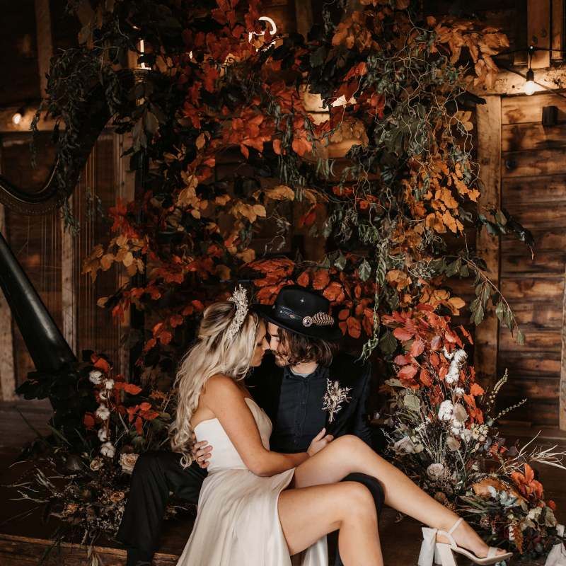 Stylish bride and groom at Autumn wedding at Preston Court