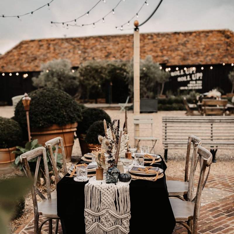 Wedding table decor for Halloween wedding at Preston Court