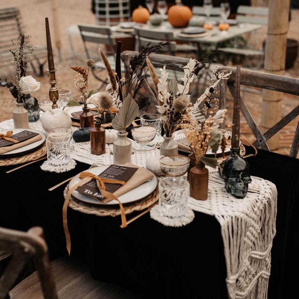 Autumn wedding decor and details at Halloween wedding tablescape