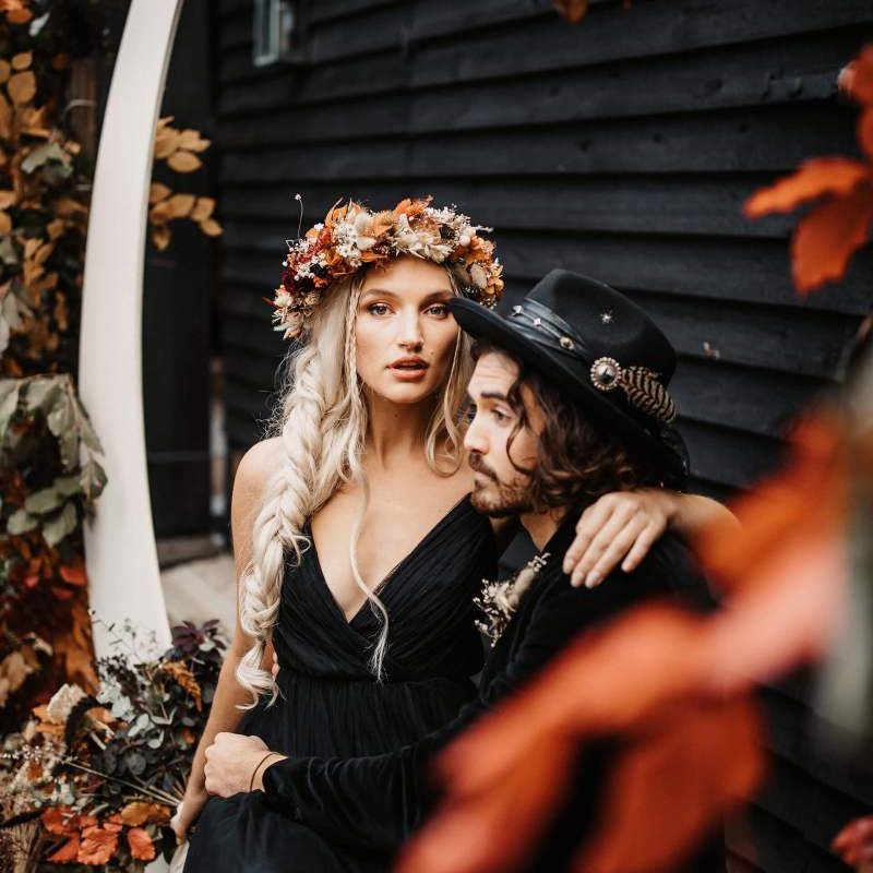Bride with side braid and autumn flower crown
