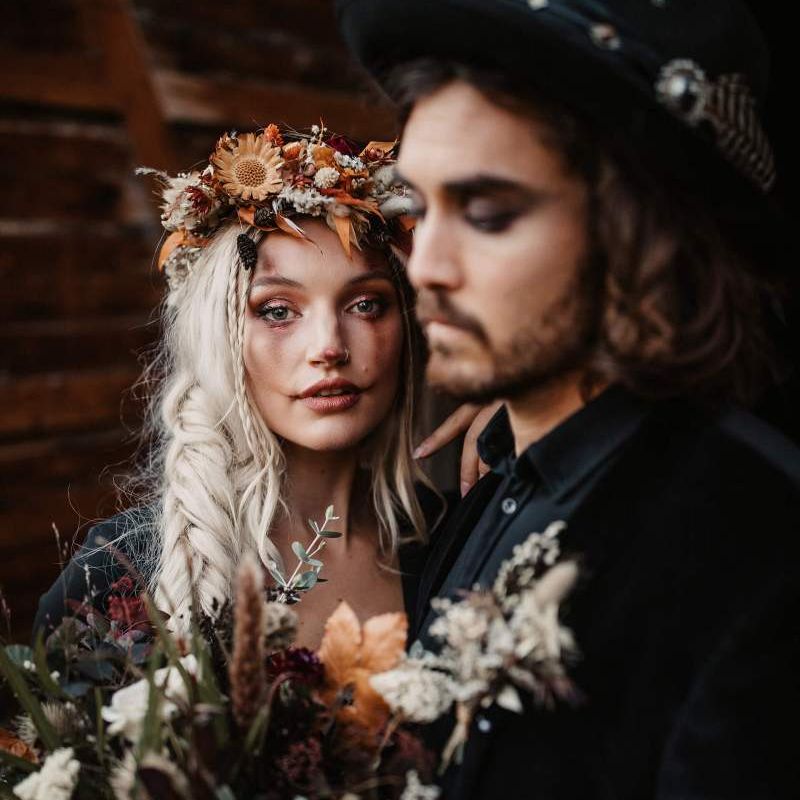 Halloween wedding bridal makeup with autumn flower flower crown