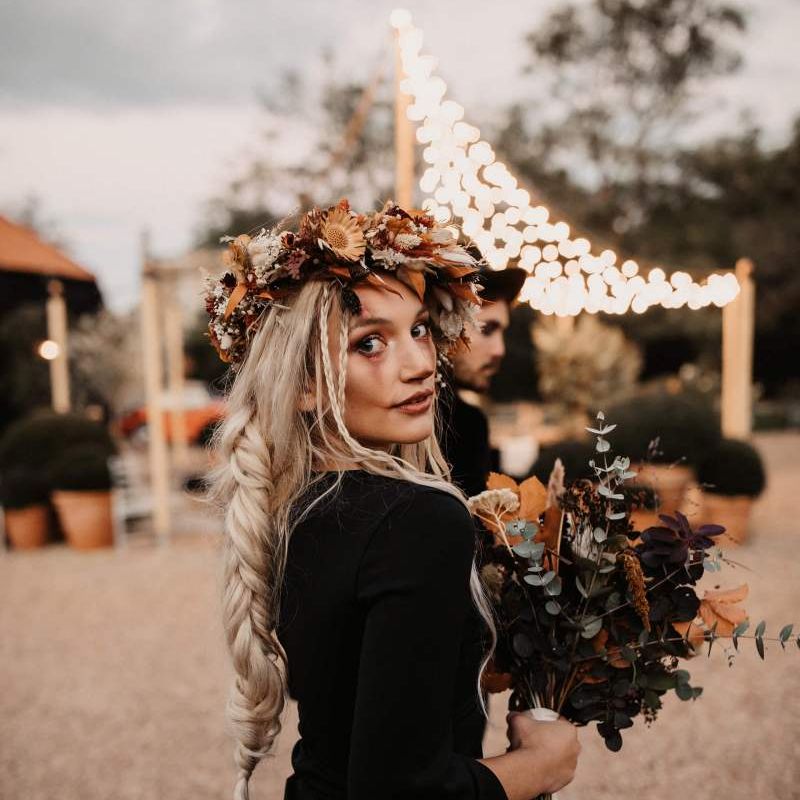 Bridal braid and autumn flower crown for Halloween wedding  inspiration