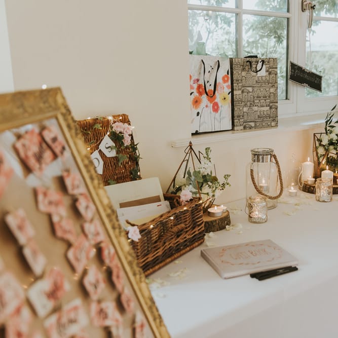 Wedding Guest Book Display // Blush Pink Wedding Dress For Outdoor Wedding Ceremony At Hethfelton House With Images From Dorset Wedding Photographer Paul Underhill