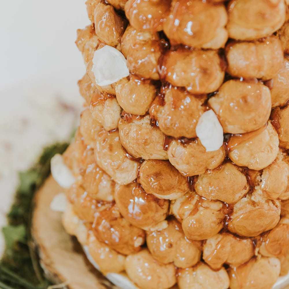 Croquembouche Wedding Cake // Blush Pink Wedding Dress For Outdoor Wedding Ceremony At Hethfelton House With Images From Dorset Wedding Photographer Paul Underhill