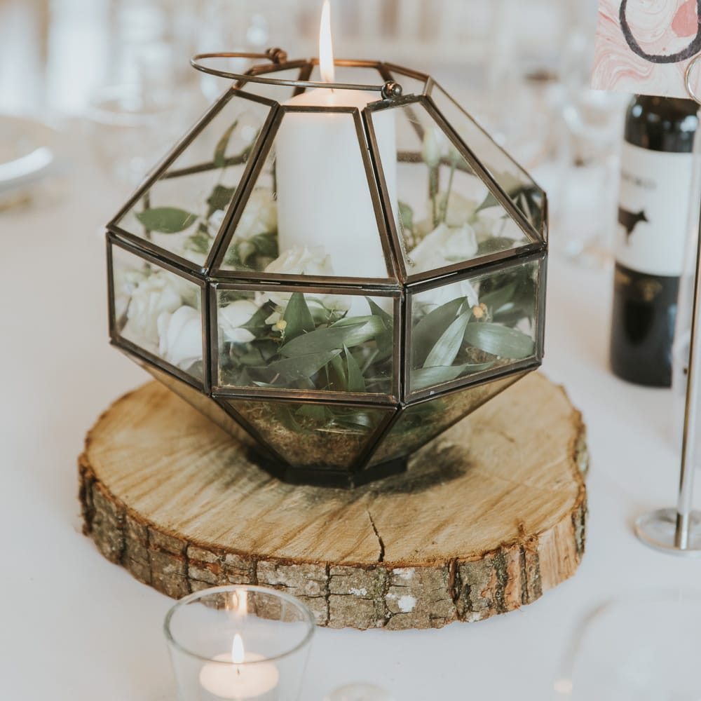 Log Slice Table Decor For Wedding // Blush Pink Wedding Dress For Outdoor Wedding Ceremony At Hethfelton House With Images From Dorset Wedding Photographer Paul Underhill
