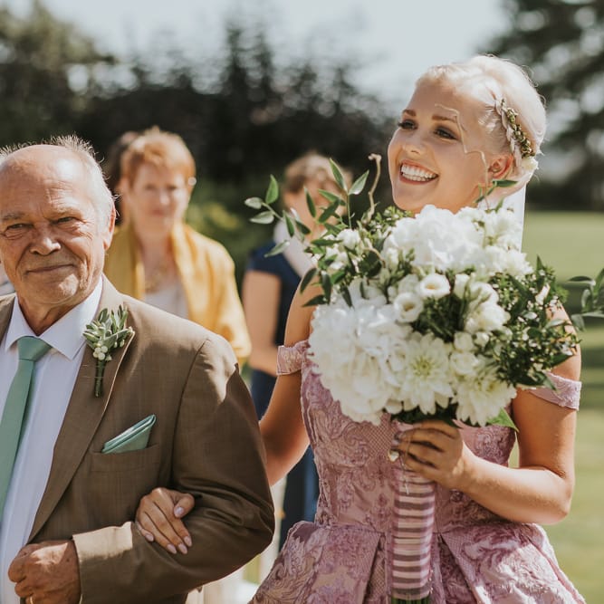 Blush Pink Wedding Dress For Outdoor Wedding Ceremony At Hethfelton House With Images From Dorset Wedding Photographer Paul Underhill