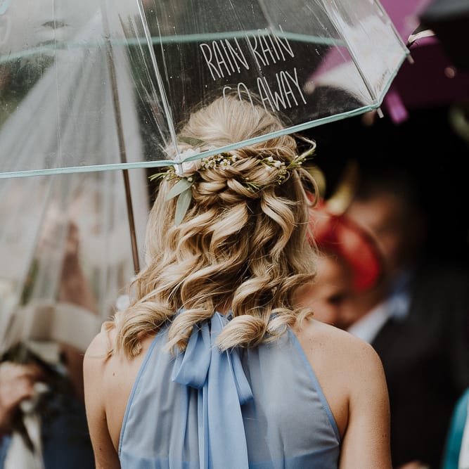 Bridesmaid in Blue Dress with Beautiful Half up Half Down Wavy Hairstyle