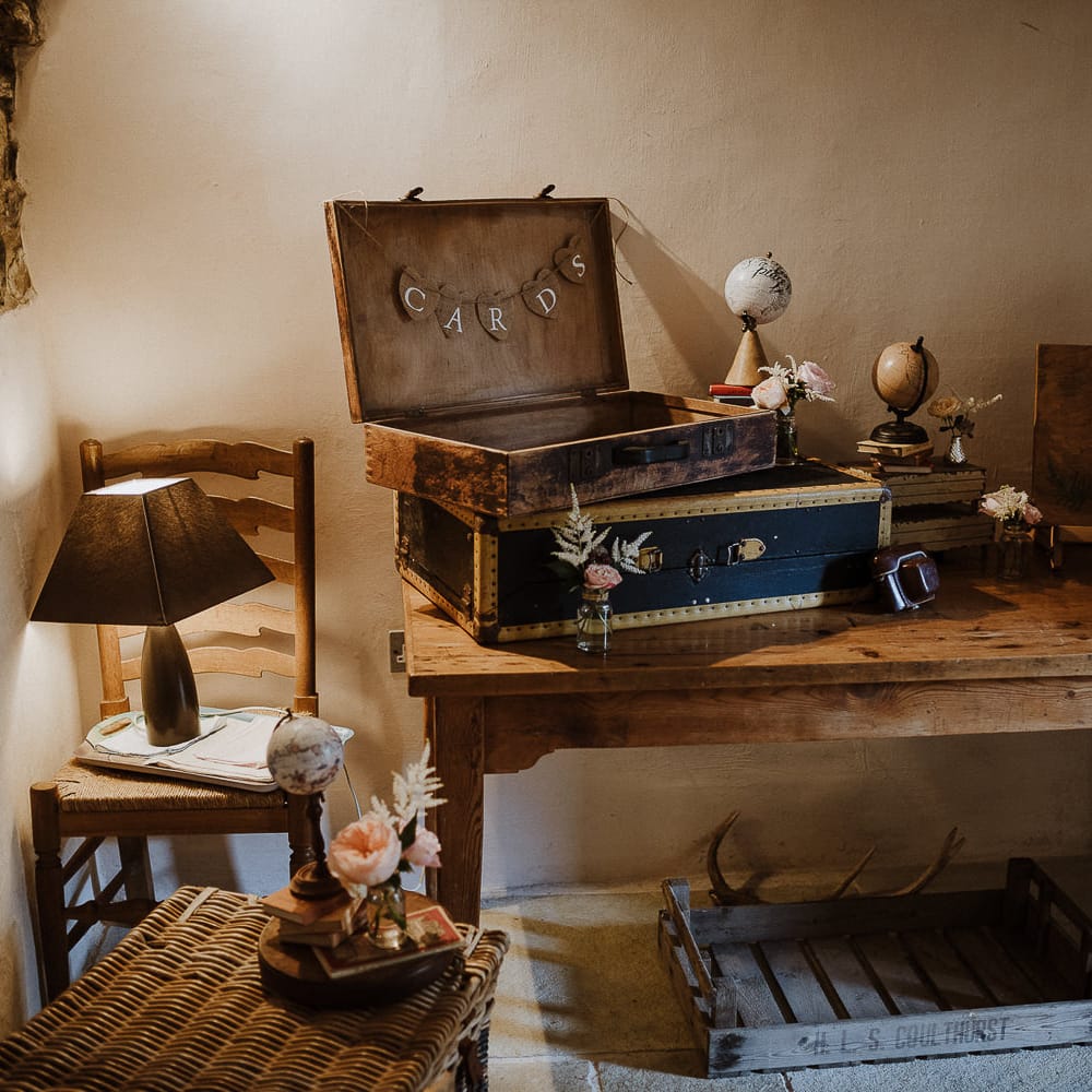 Vintage Suitcases and Wicker Baskets as Wedding Card Box